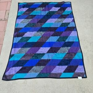 Vtg Biederlack Purple Blue Teal Plaid Checkered Fleece Blanket USA